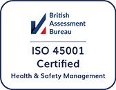 white and blue sign displaying the words iso 4501 certified health and safety management