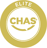 white and yellow circle with the word chas on it